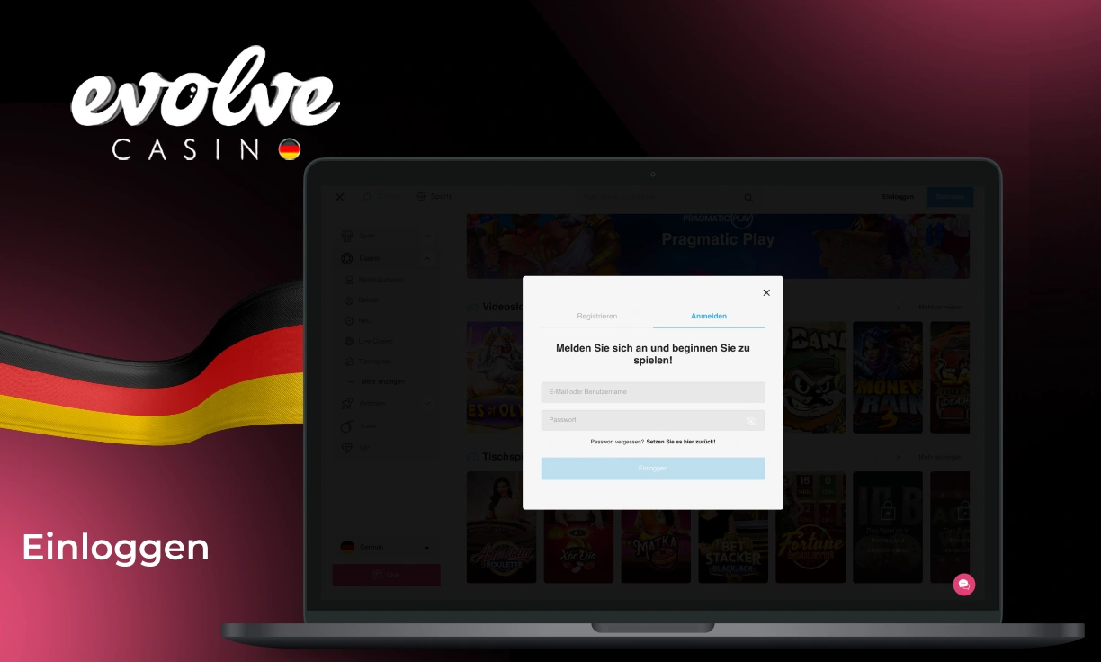 Einloggen bei Evolve Casino nach der Registrierung