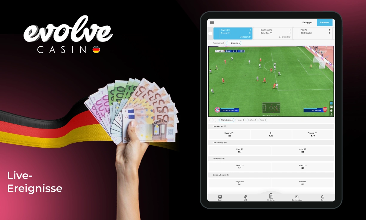 Bei Evolve Casino können registrierte Benutzer auf Ereignisse wetten, die gerade stattfinden, und auch Spielübertragungen sind verfügbar