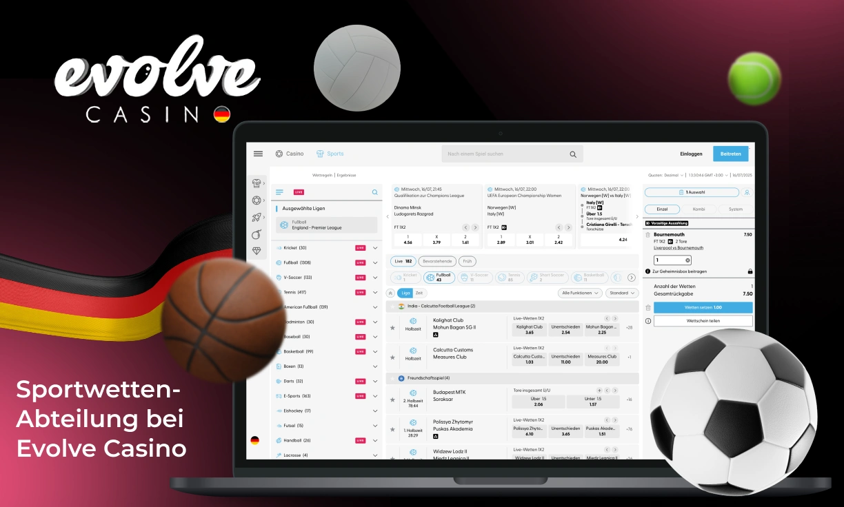 Bei Evolve Casino können Nutzer aus Deutschland auf beliebte Sportarten wetten